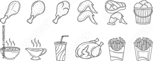 Set of black and white line art icons featuring fried chicken drumsticks wings french fries soda and gravy for restaurant menus