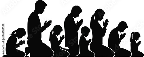 family prayer silhouette, people kneeling in worship