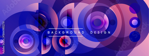 Abstract design features overlapping circles, vibrant purple hues, dynamic composition. Modern background with text elements.