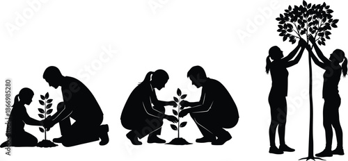 People and Children Planting Young Saplings and Caring for Trees Silhouette Set for Environmental Conservation, CAD Drawing Flat Vector Illustration