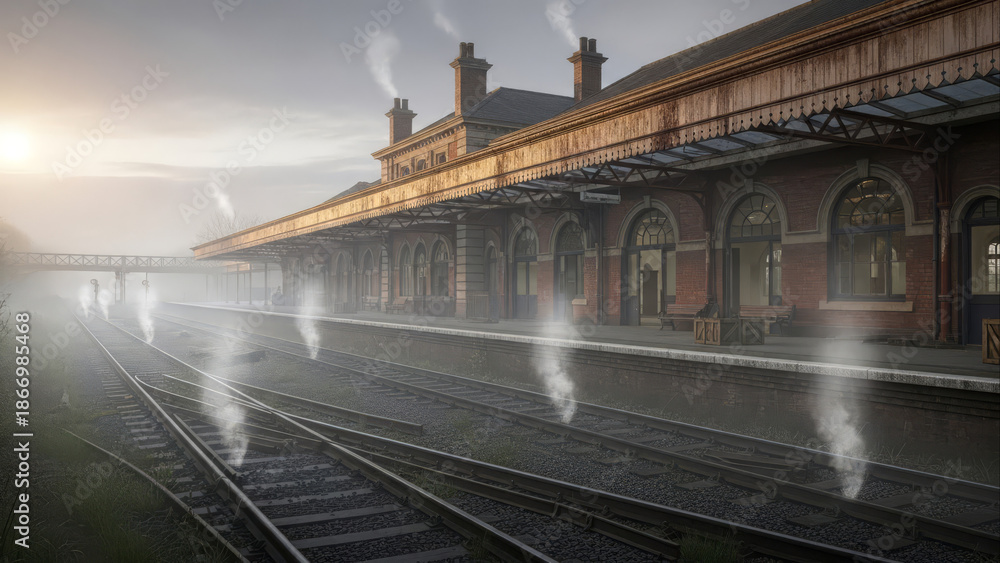 Obraz premium Misty Morning View of an Old Victorian Train Station Platform