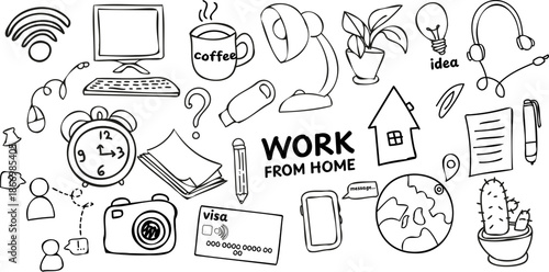 Hand drawn work from home doodle illustration with computer, coffee, wifi, desk lamp, documents, alarm clock, camera, plants and remote work elements. Black and white line art.