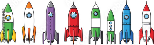Set of Colorful Cartoon Rocket Ships for Space Exploration and Science Education, CAD Drawing Flat Vector Illustration, Galaxy Travel Icons