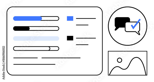Progress bars with tasks, checklist in speech bubbles, and a simple landscape icon. Ideal for project tracking, task prioritization, communication, productivity, organization, workflow user