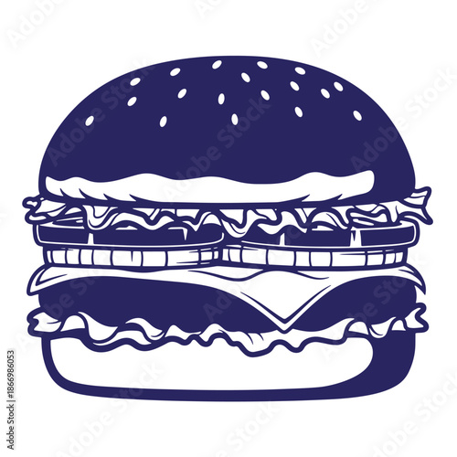 Blue hamburger illustration with sesame seed bun and lettuce isolated on white background