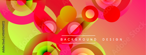 Abstract vibrant design features overlapping circles, gradients. Red, yellow, green hues create dynamic composition. Modern aesthetic.