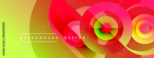 Vibrant abstract design features overlapping circles, gradients. Yellow, orange, pink, green hues create dynamic visual effect. Modern background.