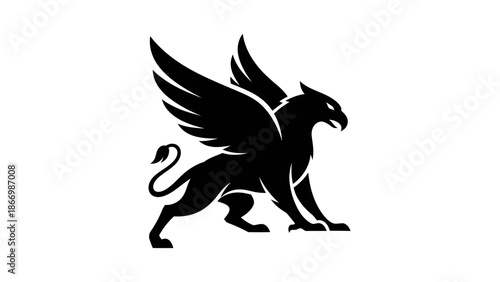 Majestic black griffin mythical creature with powerful wings and strong stance.