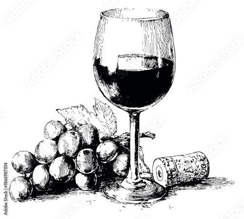 Hand drawn line art illustration of a wine glass, grapes, and cork depicting a still life arrangement for a winery theme