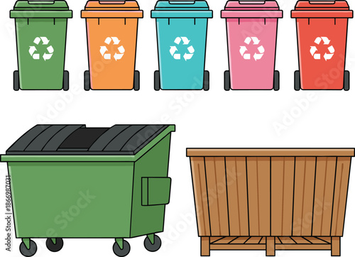 Recycling bins and waste containers set, colorful trash cans and dumpsters illustration isolated on white