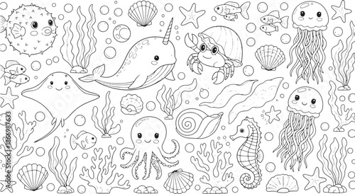 Collection of Undersea Creatures and Marine Life A Whimsical Illustration of Ocean Dwellers