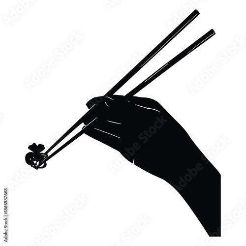 Hand holding chopsticks with food silhouette