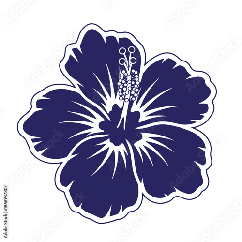 Dark blue hibiscus flower with white outline and stamens on transparent background