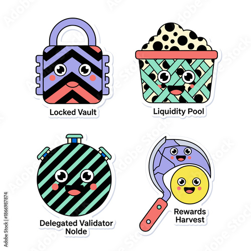 Cute cartoon stickers illustrate key cryptocurrency and blockchain concepts: locked vaults, liquidity pools, validator node, and rewards harvest.