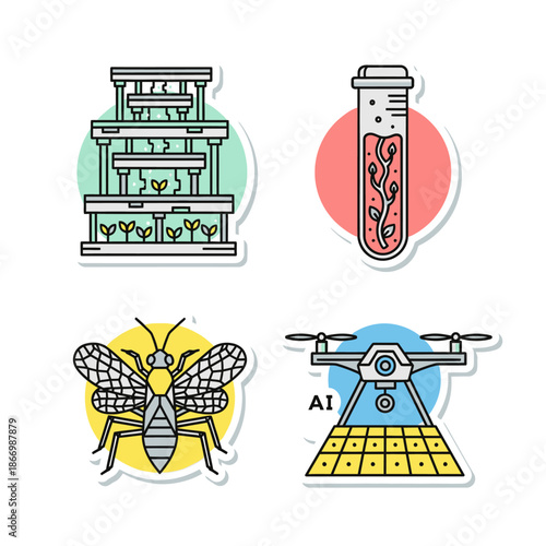 Illustrative icons representing cutting-edge agricultural technologies, including vertical farming, plant biotechnology, drone AI, and entomology for sustainable food.