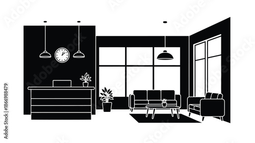 Modern interior with reception desk seating and large windows silhouette