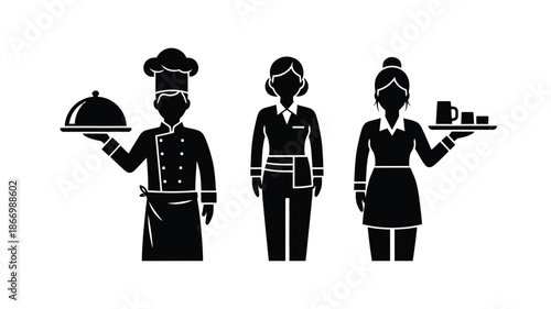 Restaurant staff in black chef waitress and server a silhouette