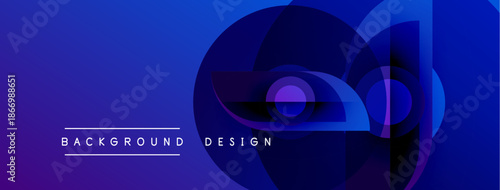 Abstract blue design features overlapping circles, squares. Gradient shades create dynamic visual effect. Text reads background design.