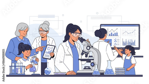 Illustration of diverse group of women and girls in a science lab for Women and Girls in Science Day, showcasing educational and collaborative activities.