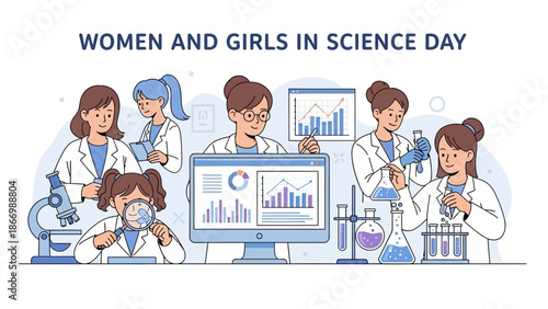 Illustration of diverse group of women in lab coats working with science equipment and computers on Women and Girls in Science Day.