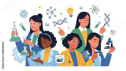 Illustration of diverse group of women and girls in science, wearing lab coats, engaging with various scientific tools and symbols on Women and Girls in Science Day.