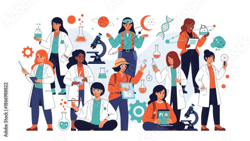 Illustration of diverse group of women scientists in various lab settings for Women and Girls in Science Day with modern scientific equipment and tools.