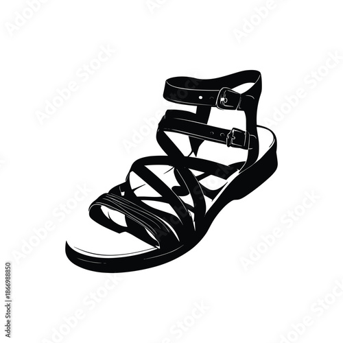 Black strappy sandal with buckles flat vector illustration
