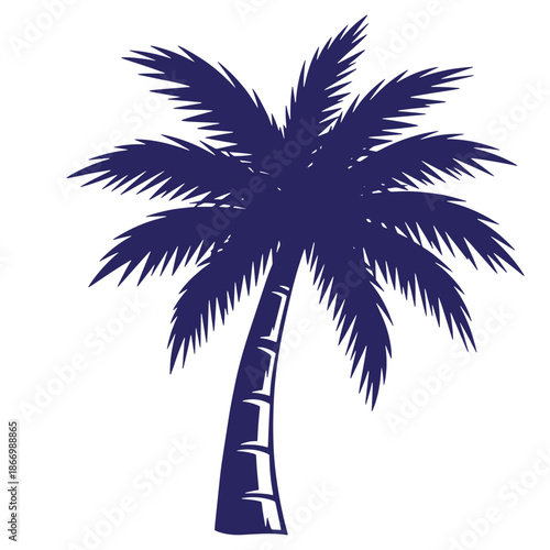 Dark blue palm tree silhouette on white background  tropical tree with long leaves and thick trunk