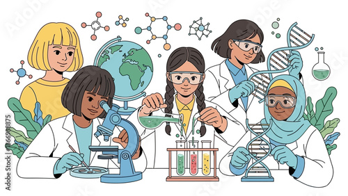 Diverse group of women in lab coats and safety gear engaged in various scientific experiments on a clean white background, celebrating Women and Girls in Science Day.