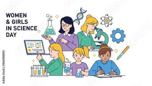 Diverse group of women and girls engaged in science experiments and learning on Women and Girls in Science Day with various lab equipment.