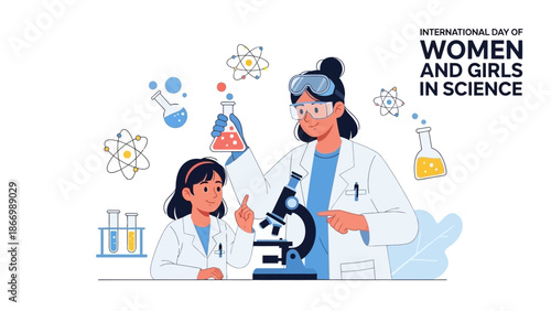 Illustration of a woman and a girl in lab coats using a microscope and test tubes on International Day of Women and Girls in Science, with a colorful and educational mood.