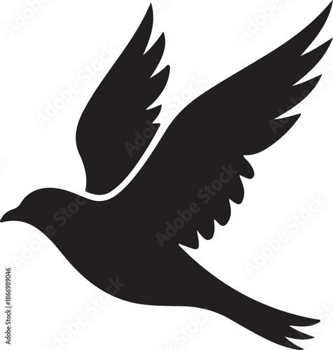 Minimal flying bird silhouette, smooth curves, white background