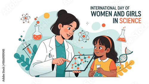 Illustration of a female scientist and a young girl analyzing data on a tablet for Women and Girls in Science Day with educational science illustrations in the background.