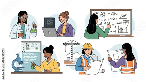 Illustration of diverse women in various science and engineering roles, celebrating Women and Girls in Science Day with a focus on innovation and technology.
