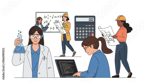 Illustration of diverse women in science, including a lab coat holding a beaker, working together with colleagues in a lab setting with equipment and a calculator, conveying innovation and