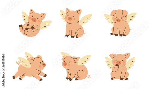 Cute flying pigs with white wings. Adorable fantasy farm animal vector illustration in playful style for kids