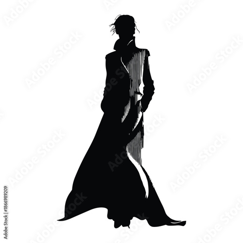 Silhouette of woman walking in long coat