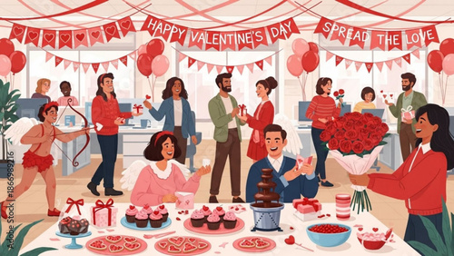 Office Valentines Day celebration with cupid decorations and treats spreading love and joy in a festive workplace