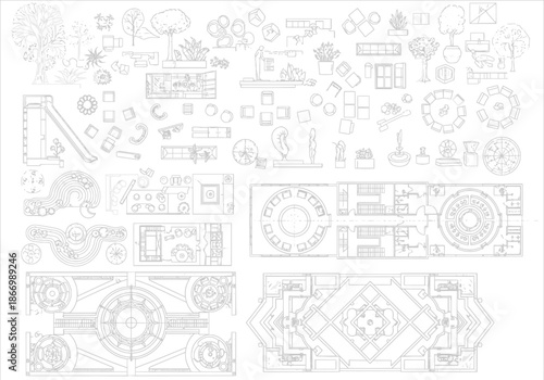 Architectural and landscape design blueprints with detailed plans