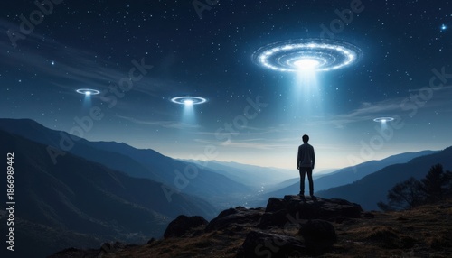 Man watching ufos above mountains