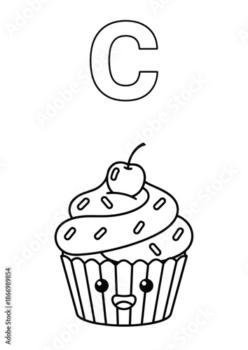 Letter C Coloring Book Page for Kids with Cute Cupcake. Vector Outline Illustration.