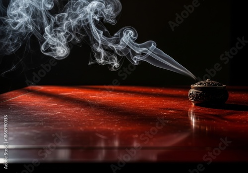 incense smoke swirling on red table, deep shadows