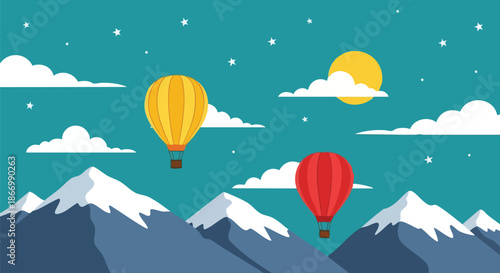 Hot Air Balloons Soaring Above Snowy Mountains