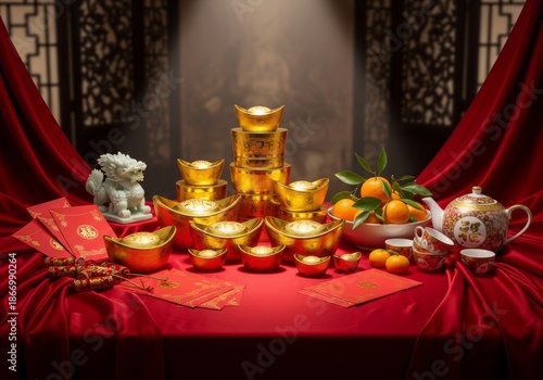 Red velvet curtain with golden stars illuminates a festive interior featuring a oranges, gold ingots, and Chinese New Year holiday decorations for a celebration in a room