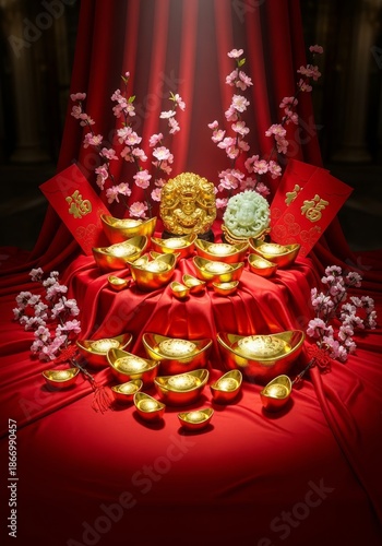 coins and red envelope a beautiful holiday Chinese New Year on a red background