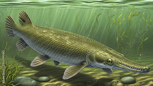 Large primitive alligator gar fish swimming in freshwater environment