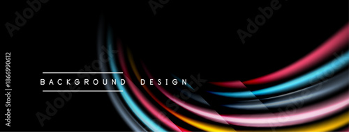 Abstract colorful lines over black background. Modern design elements create dynamic visual effect. Smooth curves suggest movement, energy.