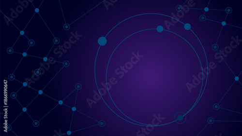 Abstract technology background with network connections, digital nodes and circular interface elements on purple gradient. Futuristic science and data visualization concept with copy space.