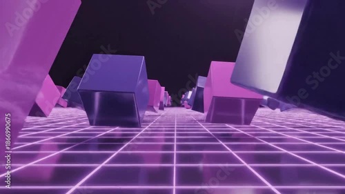 A retro-futuristic digital landscape with glowing purple grid lines and scattered translucent cubes under a dark sky, creating an immersive virtual space.