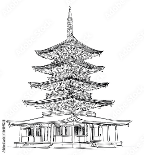 Hand drawn line art illustration of a Japanese pagoda depicting traditional Asian architecture for cultural and historical projects